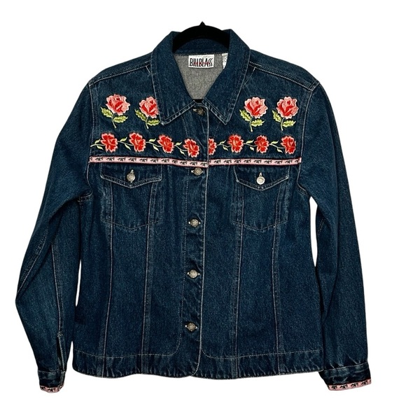 Bill Blass Vintage Denim Jacket w/Floral Trim & Embroidery Sz M - Picture 1 of 9